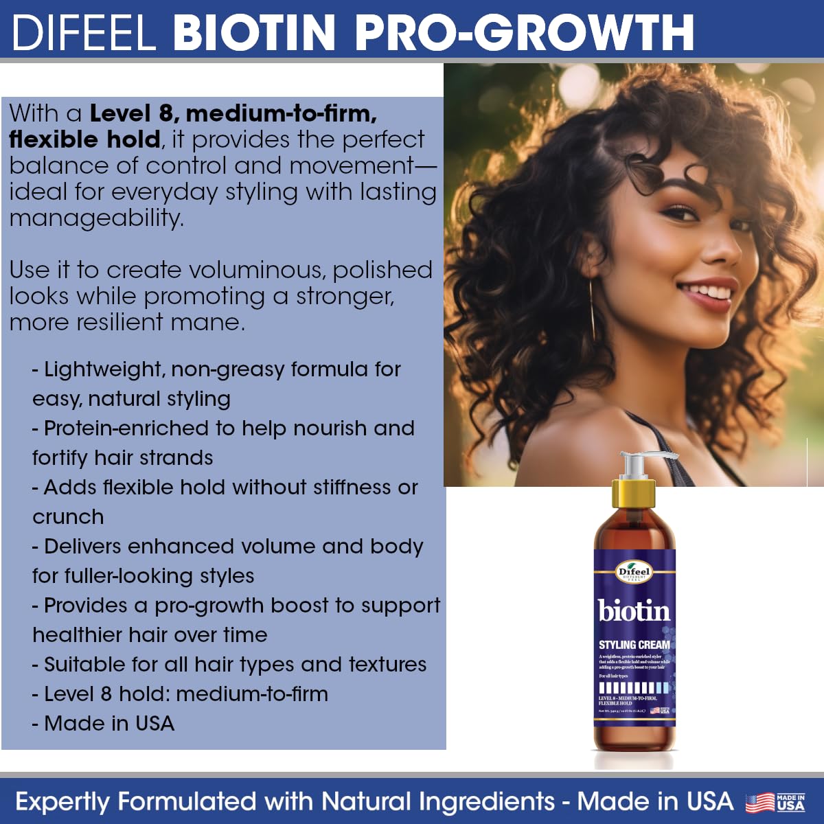 Difeel applied to hair during styling for volume and hold