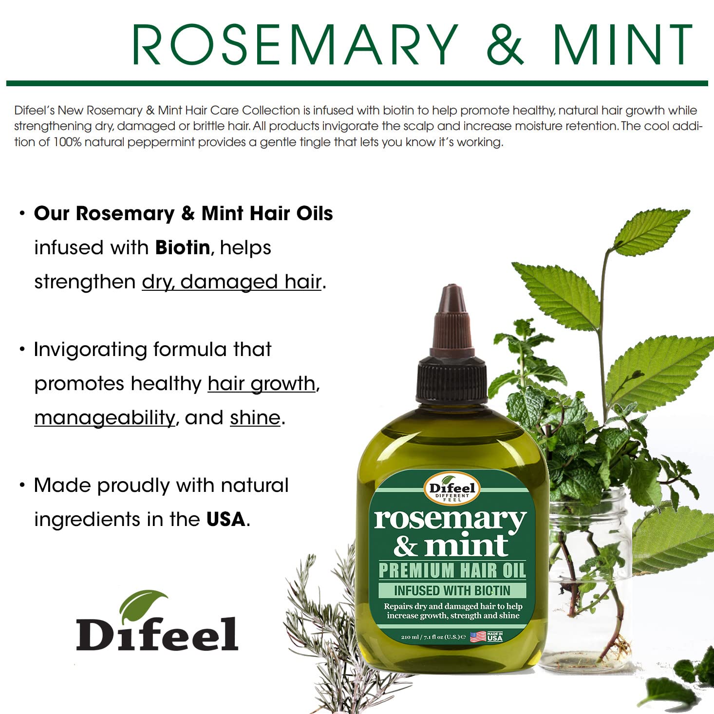 Difeel label close-up highlighting rosemary and biotin
