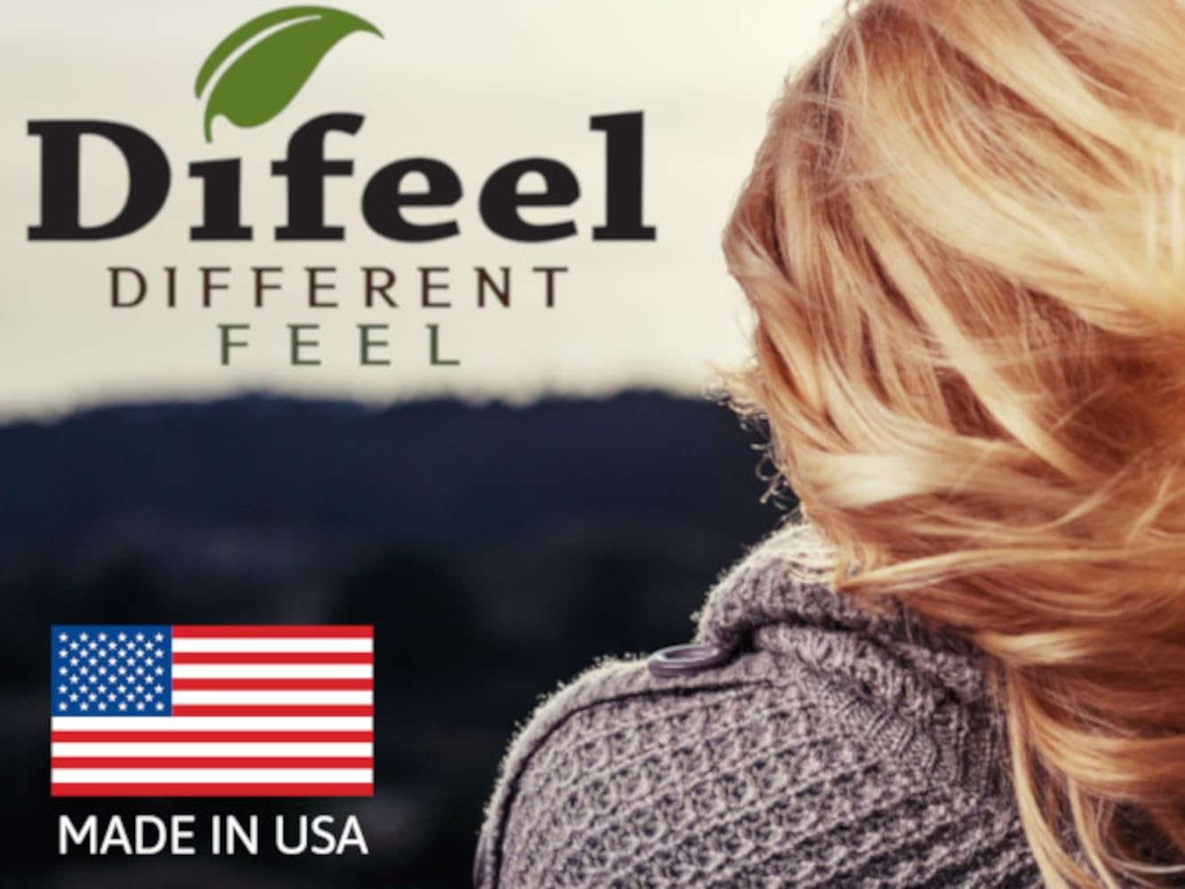 Difeel bottle placed on bathroom shelf conveying everyday convenience and routine use