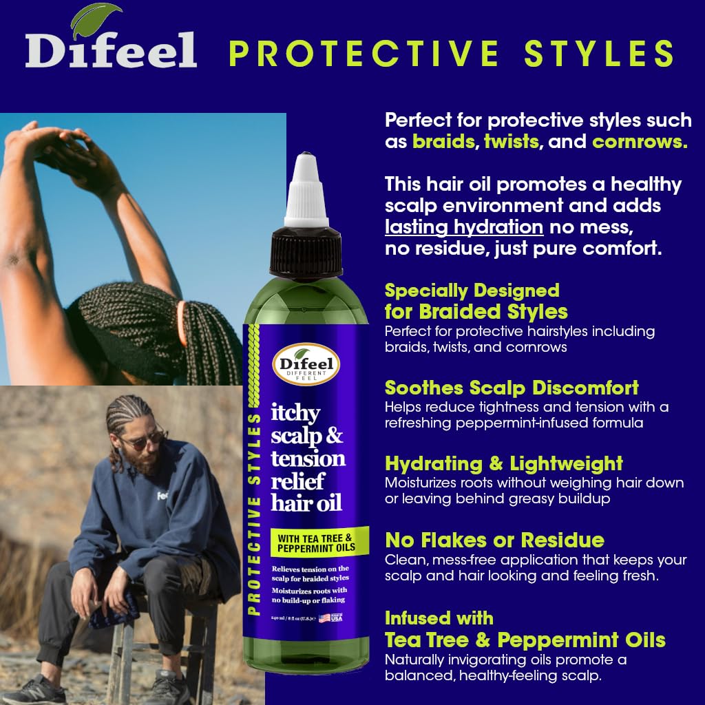 Difeel used on braids and twists demonstrating itch-relief benefit
