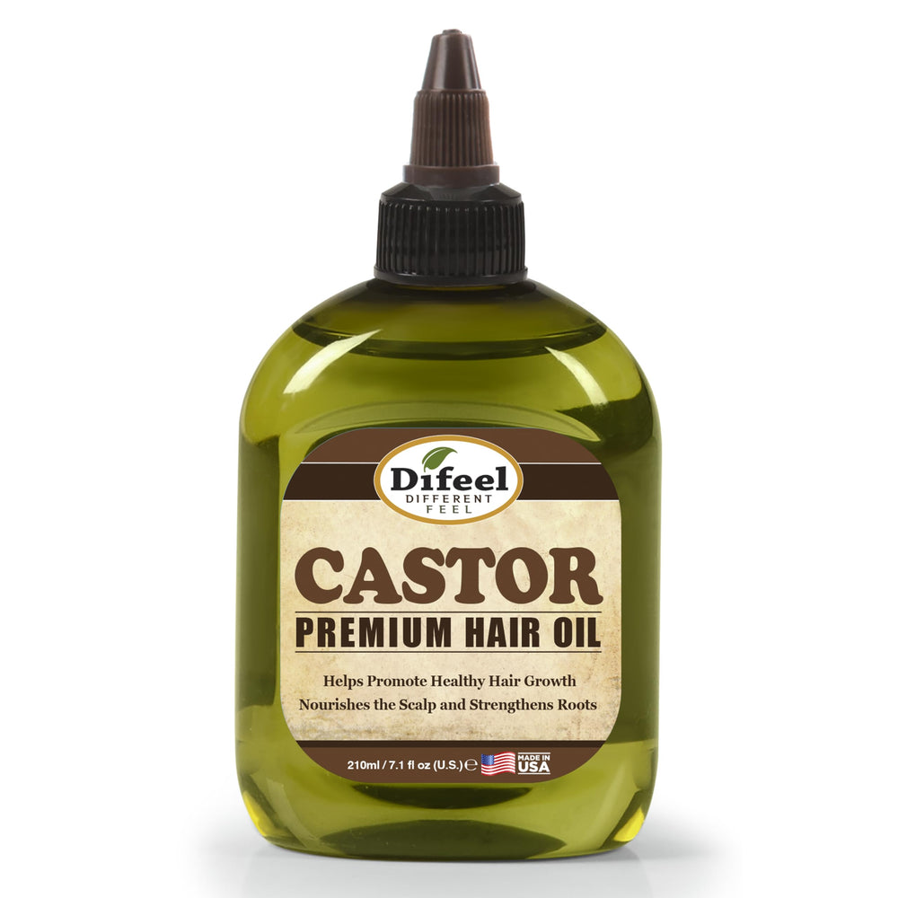Difeel bottle front view showing label and clear castor oil for easy identification