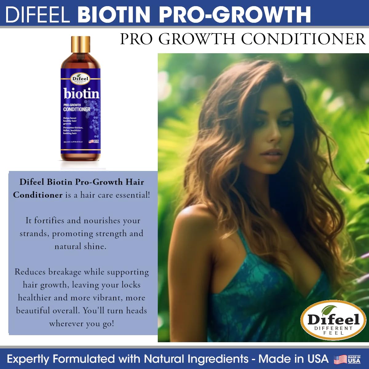 Close-up of biotin visual highlighting Difeel ingredient for stronger strands