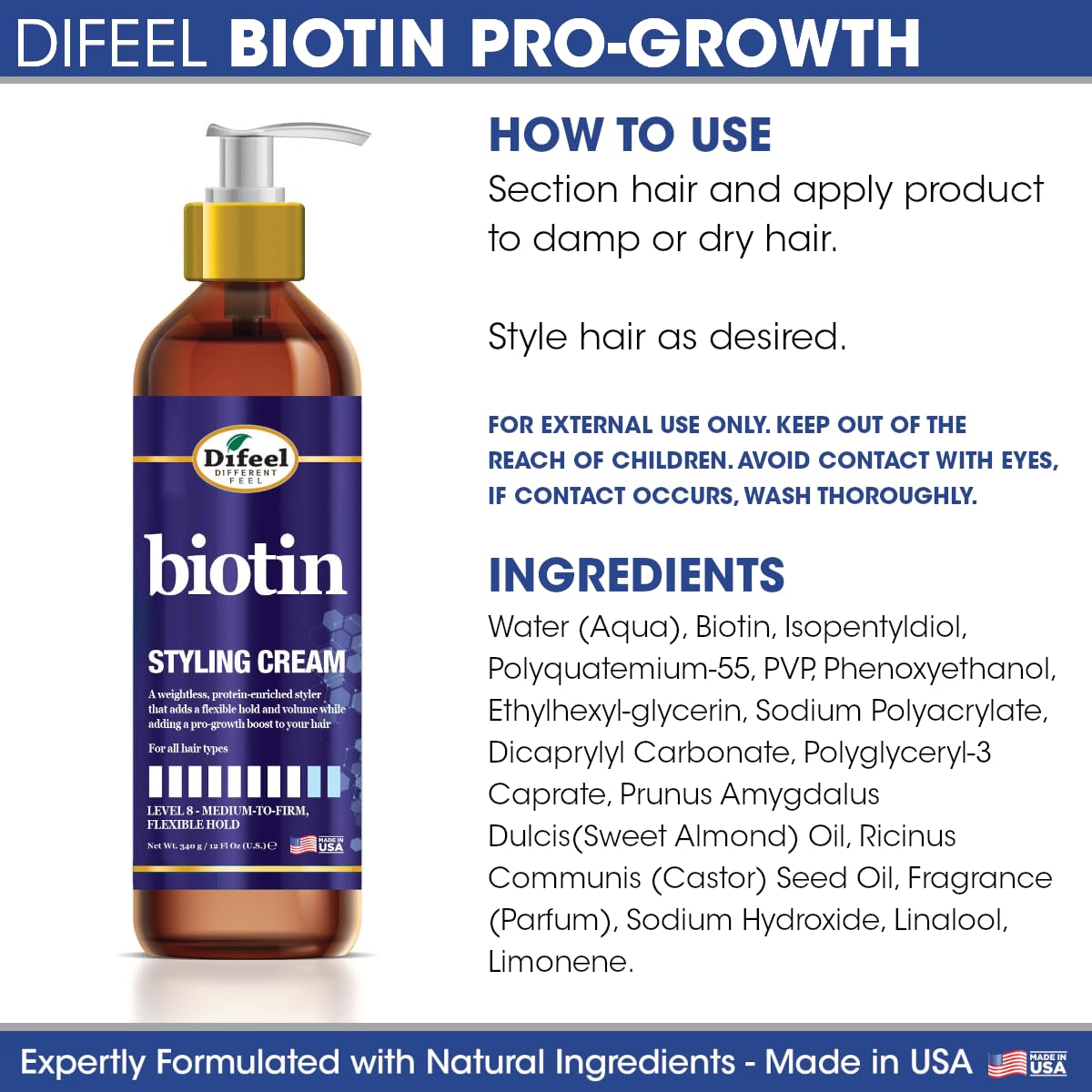 Difeel label ingredients panel listing biotin and proteins for strength