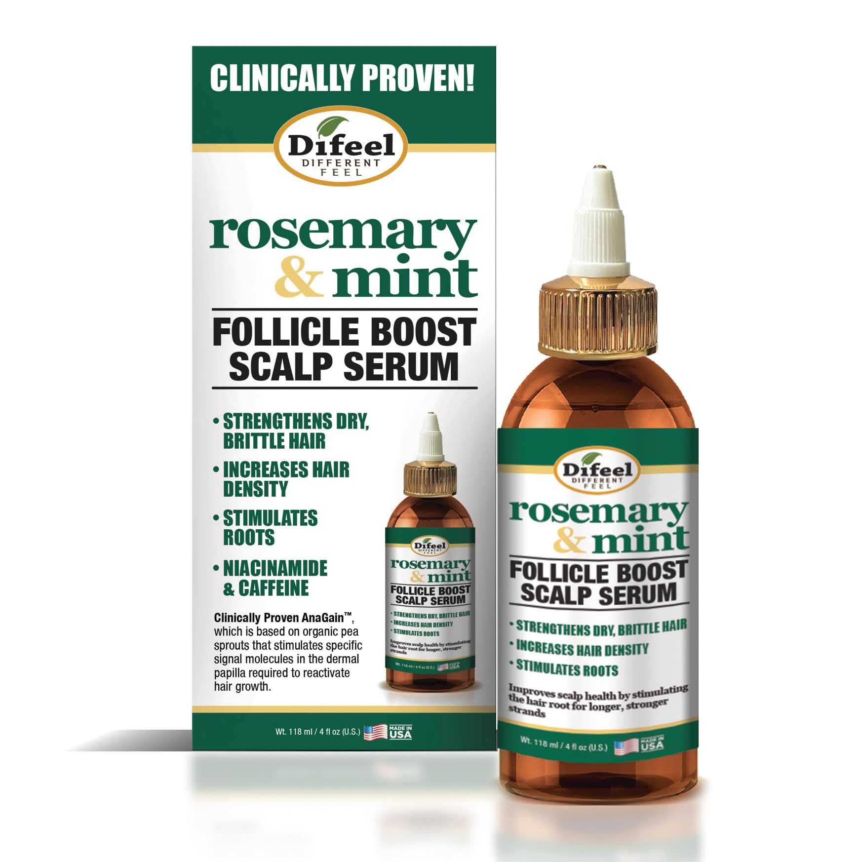 Difeel front bottle shot showing product and fresh herbal visuals for scalp nourishment