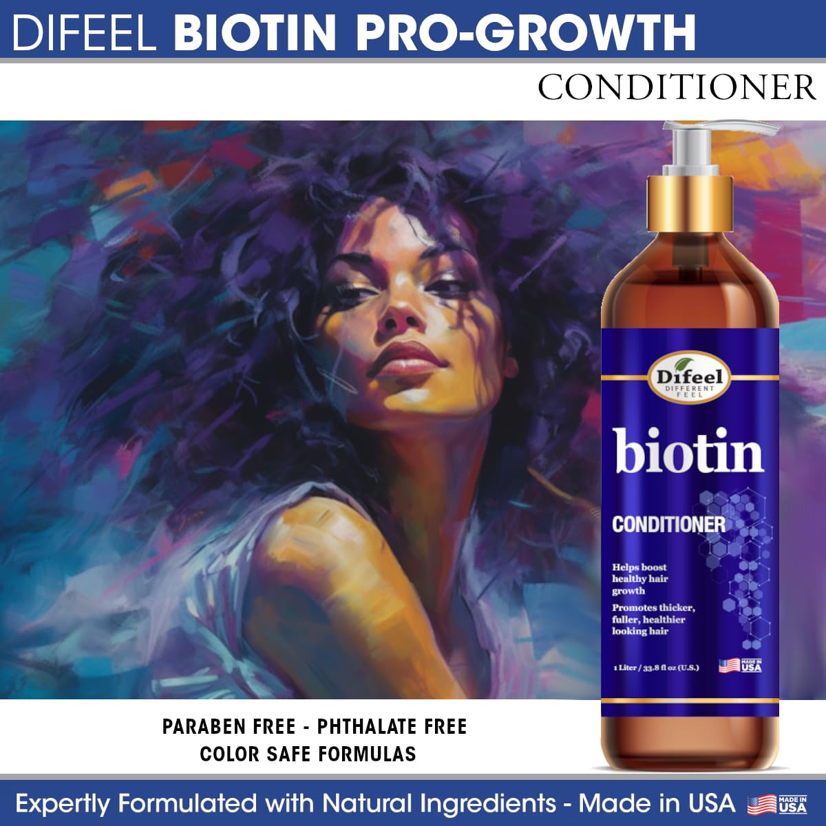 Difeel bottle next to hand illustrating 33.8 oz scale and value