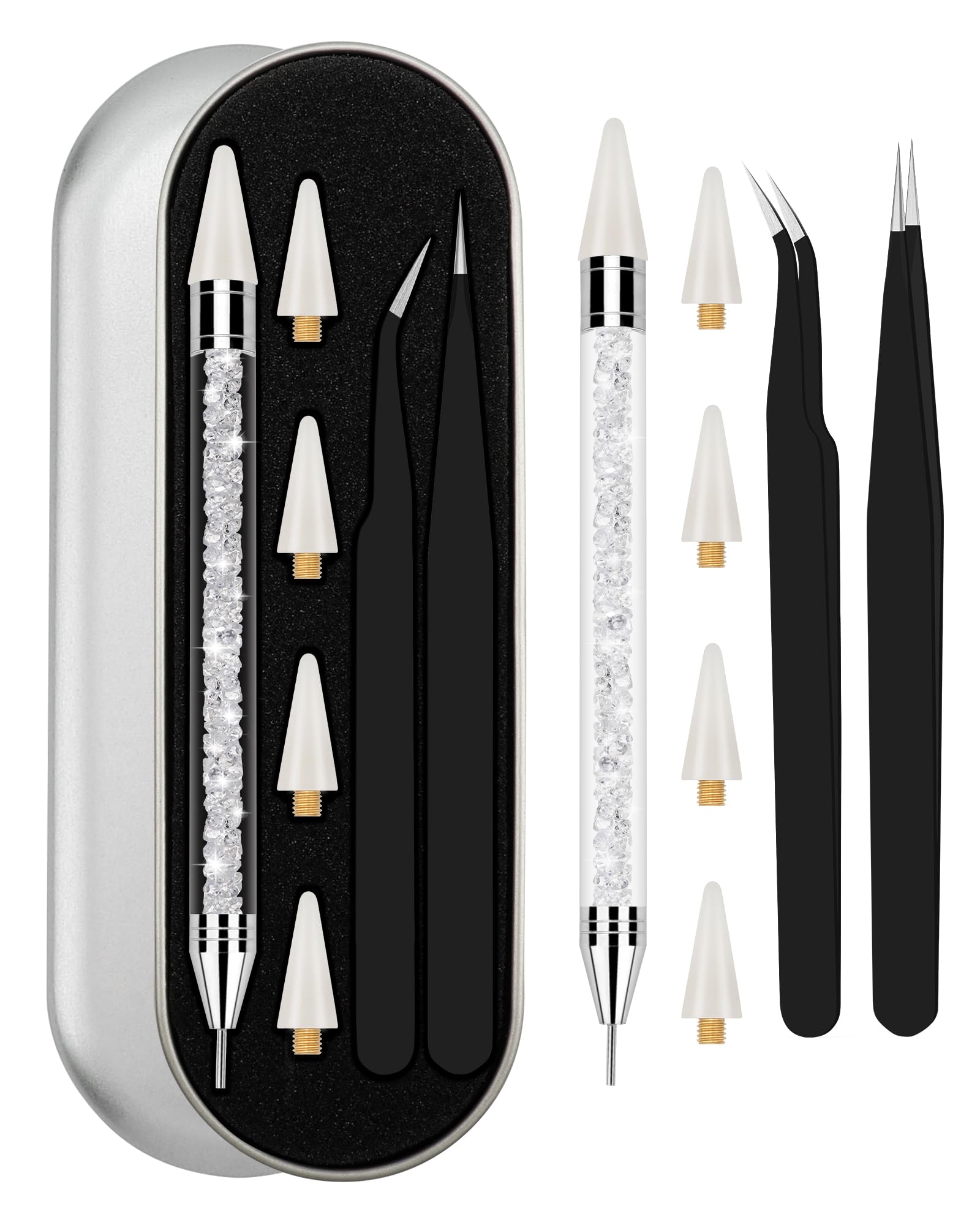 Difenni front packaging shot showing the rhinestone picker kit and benefits of organized storage