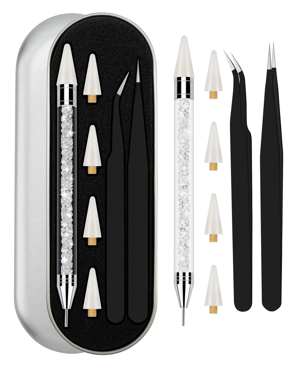 Difenni front packaging shot showing the rhinestone picker kit and benefits of organized storage