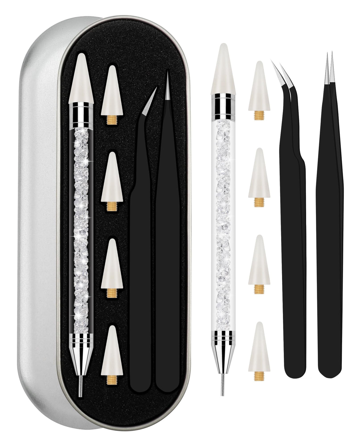 Difenni front packaging shot showing the rhinestone picker kit and benefits of organized storage