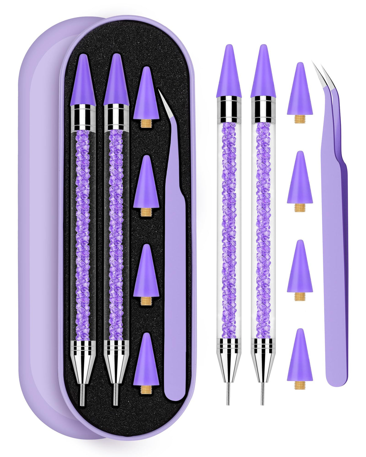 Difenni front view of purple rhinestone tool set, organized and portable
