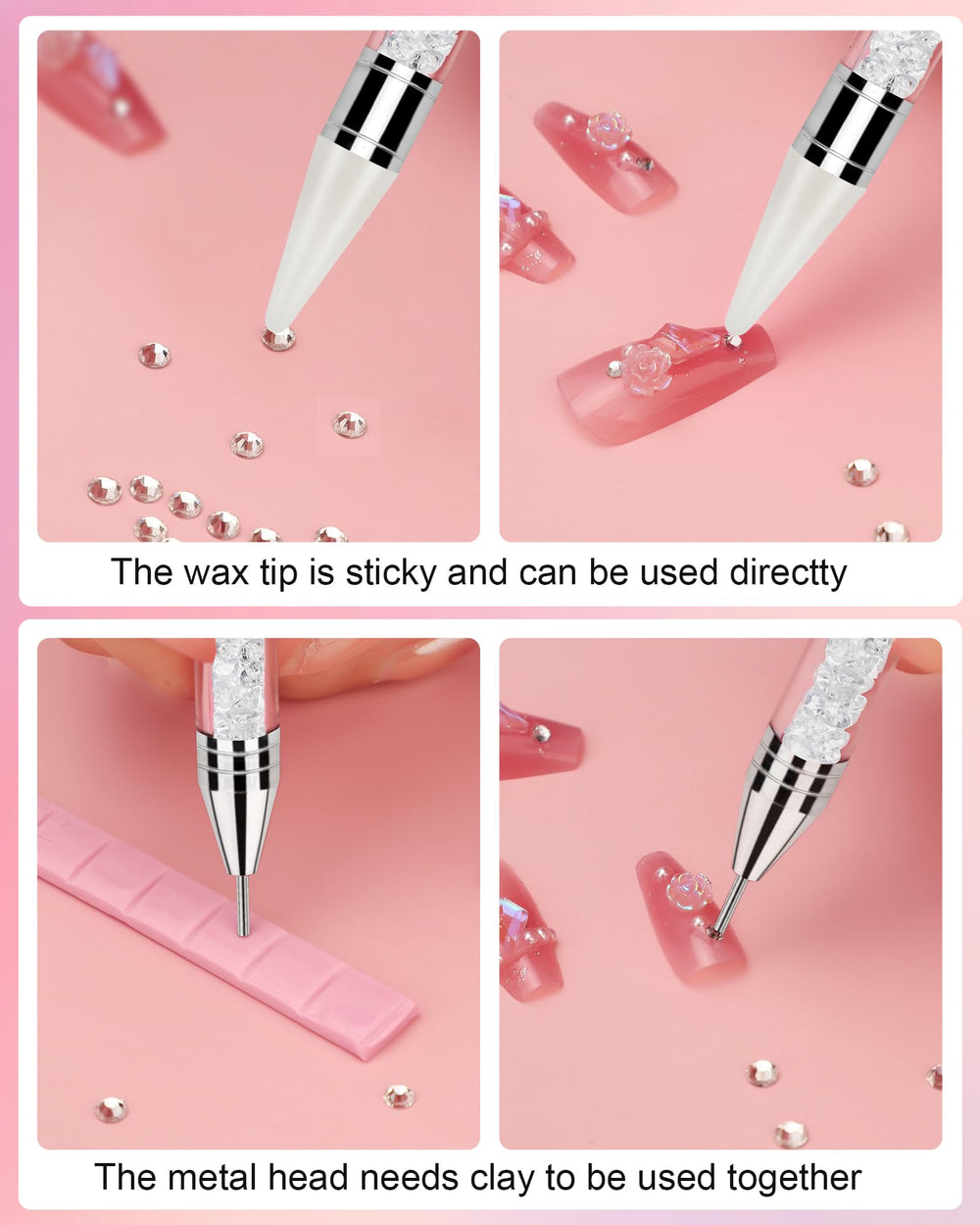 Difenni applicator in use on a nail demonstrating controlled rhinestone placement
