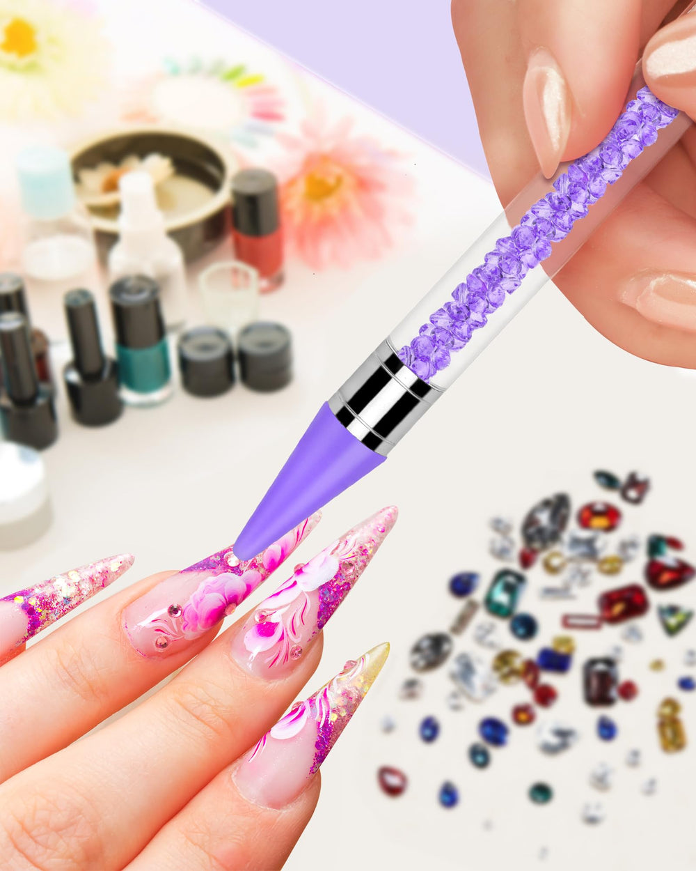 Difenni tool beside nail polish bottle showing compact scale