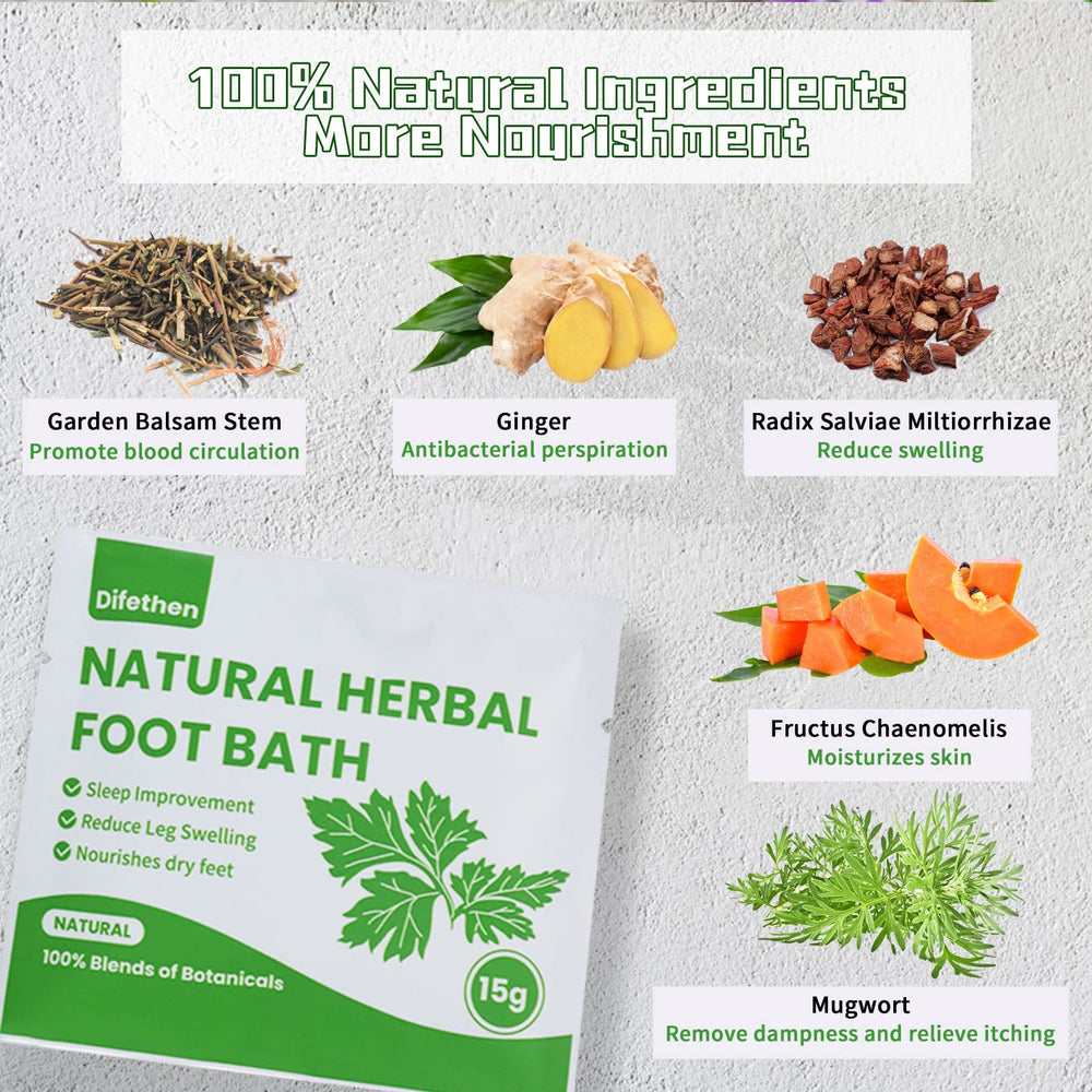 Difethen open sachet revealing herbal blend for a warming foot soak benefit