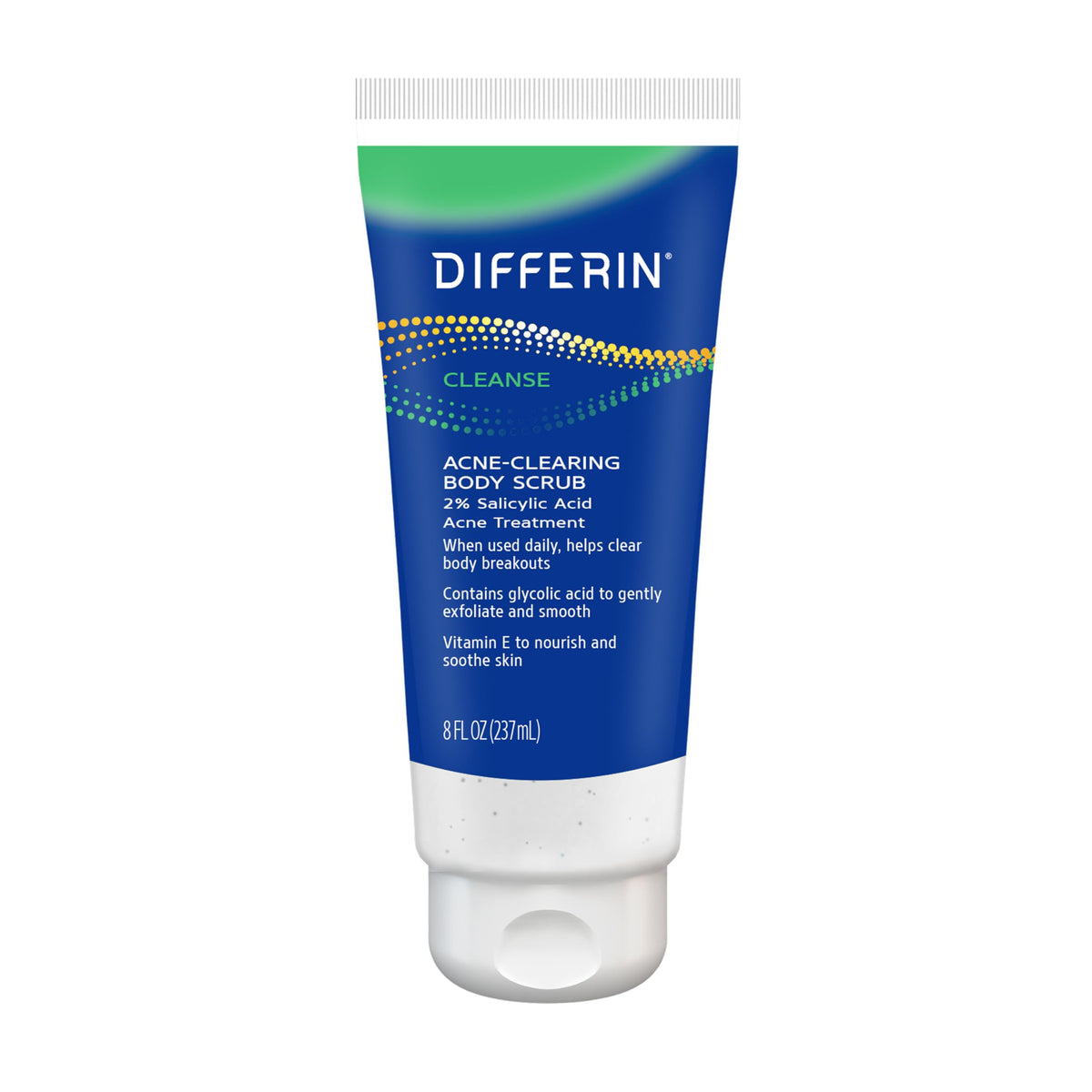 Differin body scrub front packaging showing brand and size for clear identification and trust