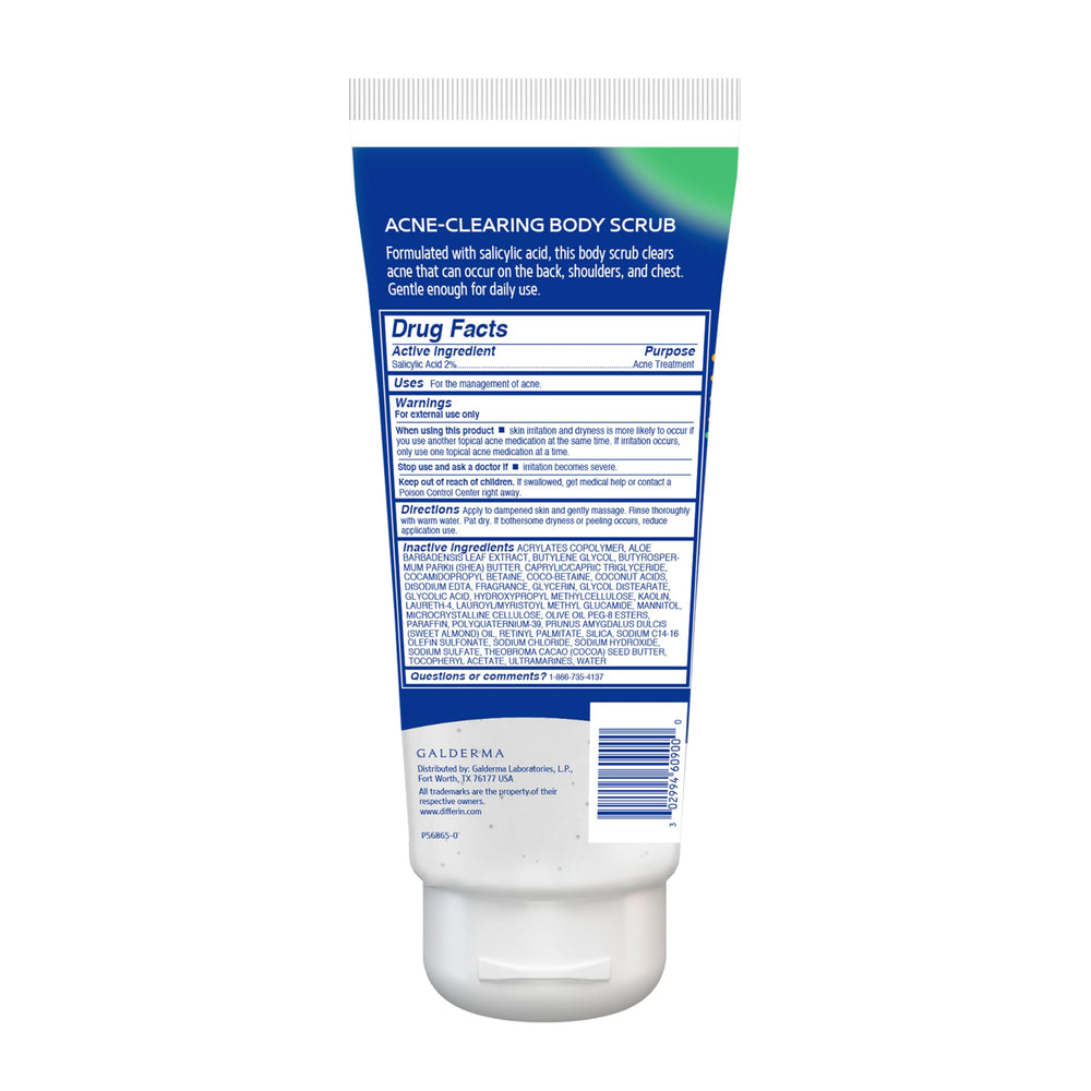Close view of Differin body scrub ingredient label showing salicylic and glycolic acids