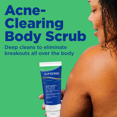 Differin body scrub tube opening detail highlighting dispensing for easy application