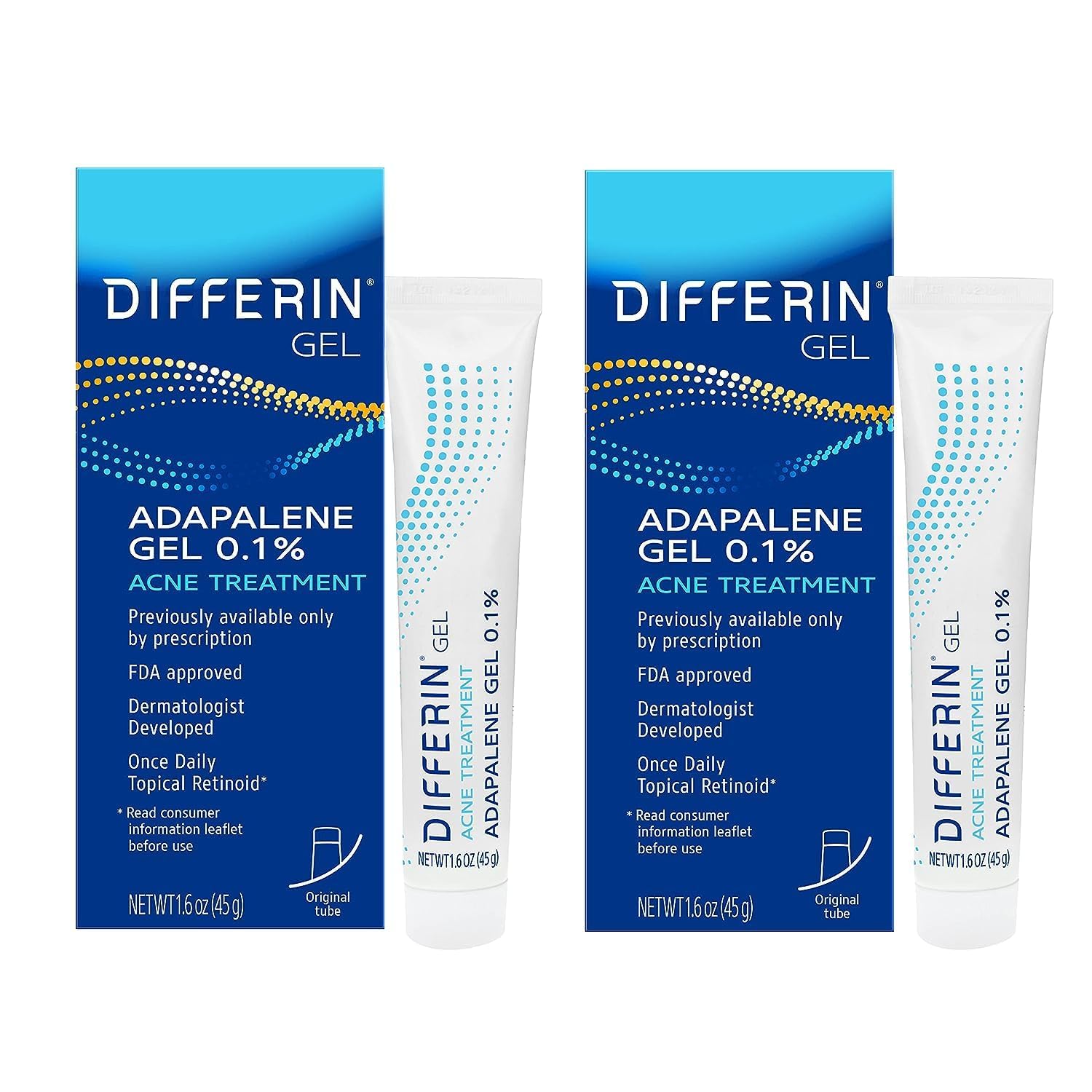 Differin front packaging showing twin tubes and clear dosage benefit