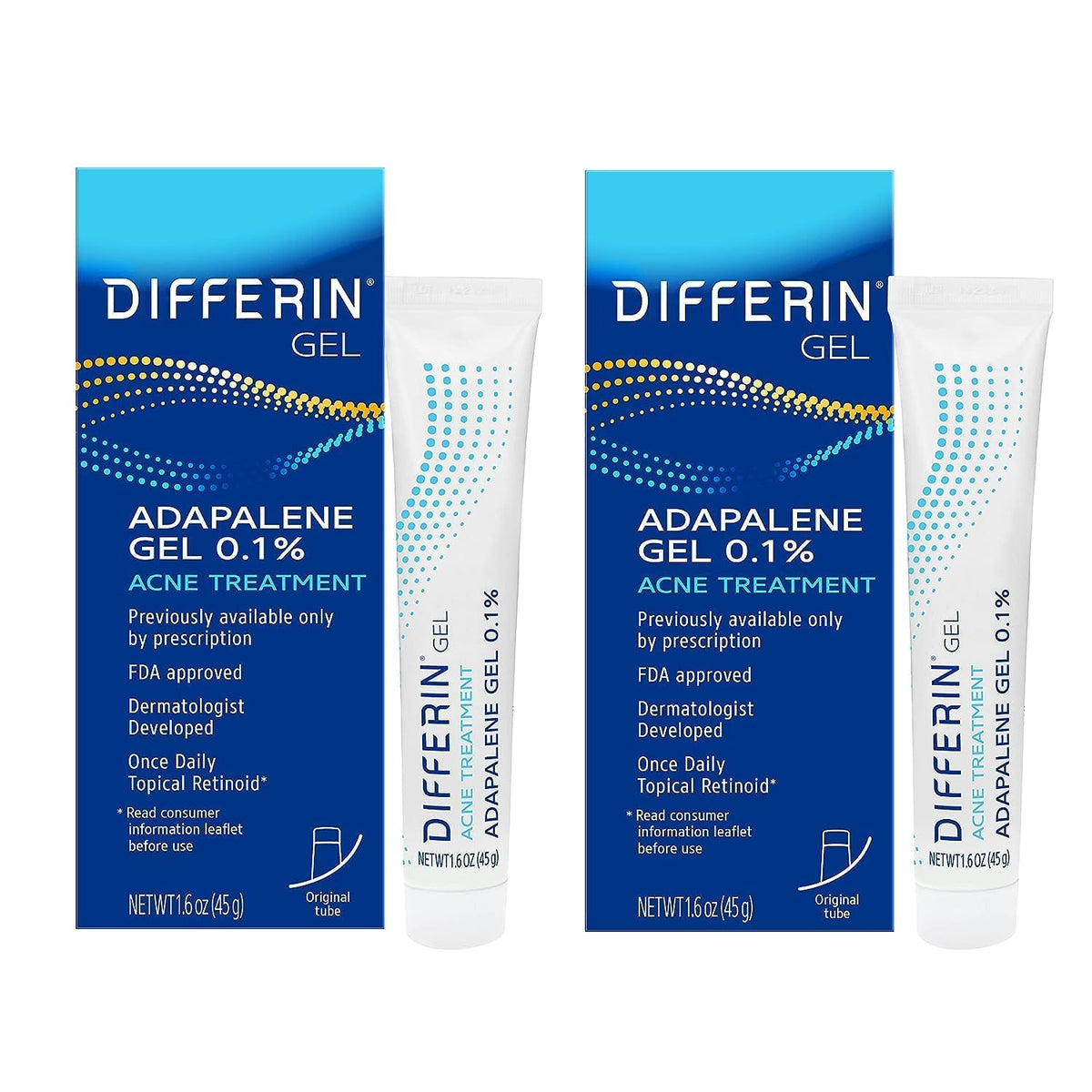 Differin front packaging showing twin tubes and clear dosage benefit