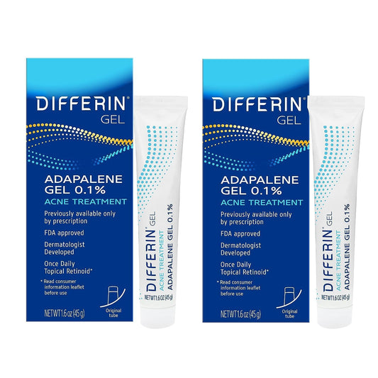 Differin front packaging showing twin tubes and clear dosage benefit