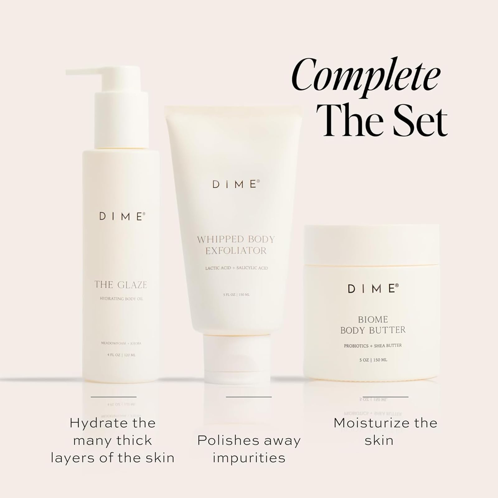 DIME ingredients flatlay with shea, squalane and botanicals for nourishment