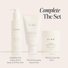DIME ingredients flatlay with shea, squalane and botanicals for nourishment