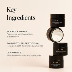 DIME label close-up highlighting ceramides and peptide benefits for skin barrier