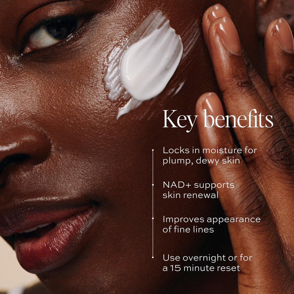 DIME mask applied on model before bed, demonstrates soothing overnight use benefit