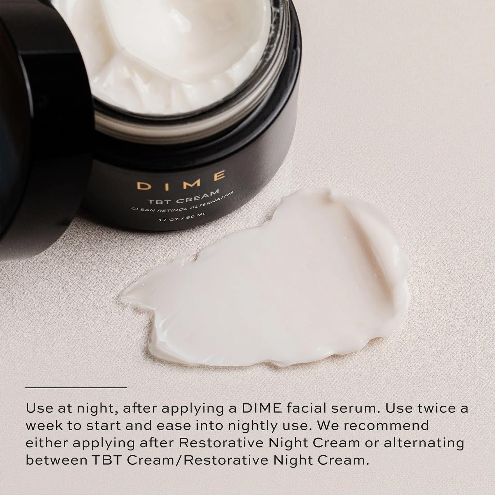 DIME size comparison of 1.7 oz TBT Cream showing travel-friendly compactness