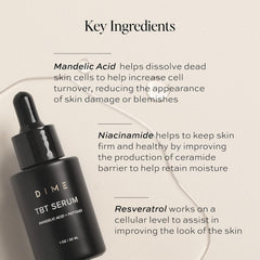 DIME TBT Serum with key ingredients flatlay emphasizing antioxidant blend