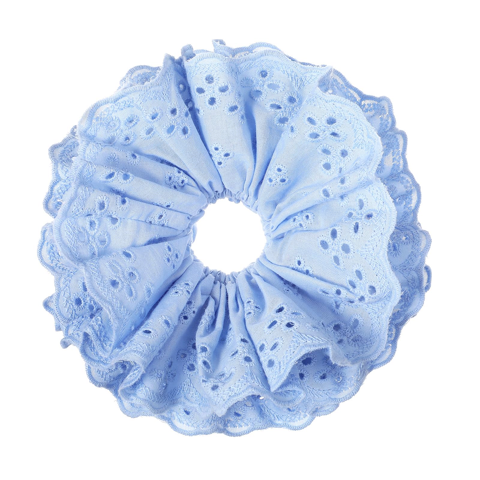 Dimeho blue lace scrunchie front view shows elegant design and easy styling