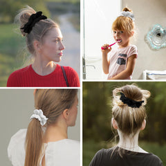 Dimeho white scrunchie on a bun showing elegant volume and gentle grip
