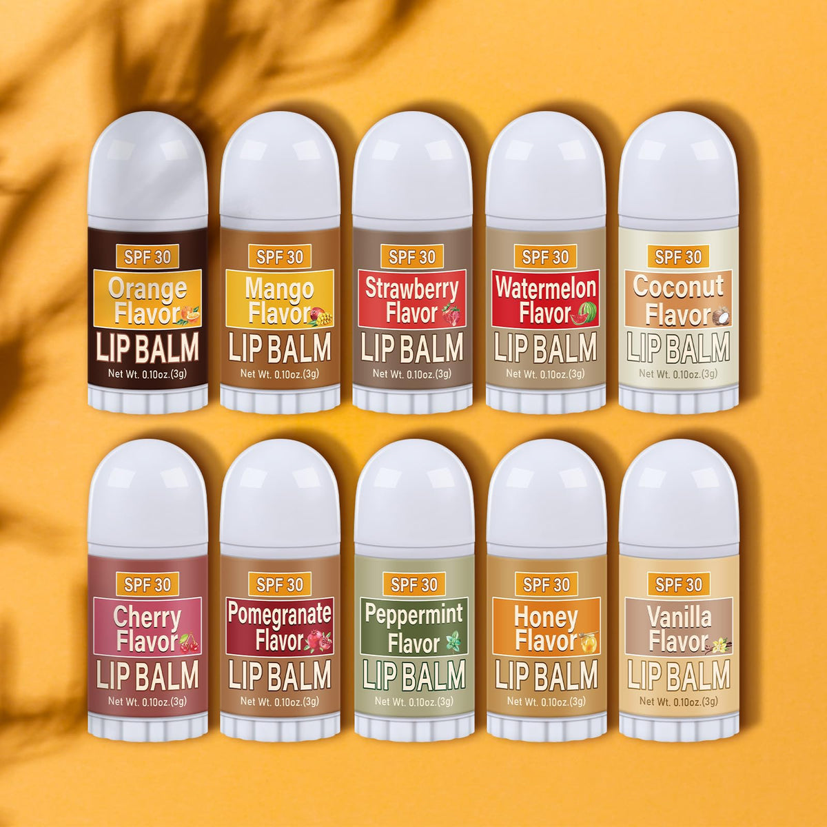 Dimsile front packaging showing ten lip balm tubes and SPF benefits