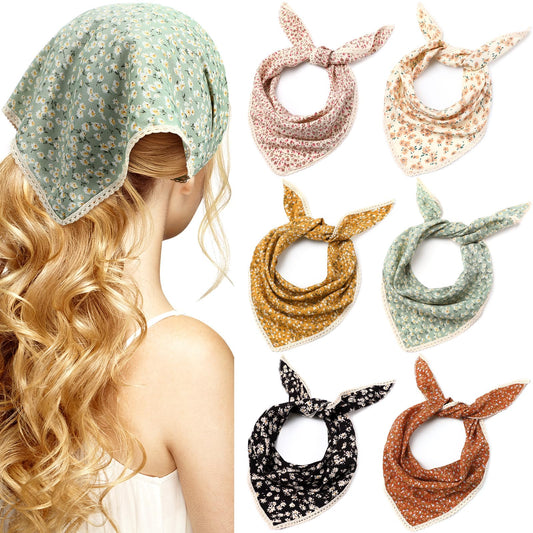 Dingion six floral bandanas laid flat showing vintage colors and variety, easy outfit matching