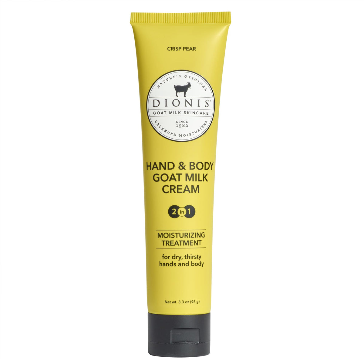 Dionis front bottle showing crisp pear lotion and travel size benefit