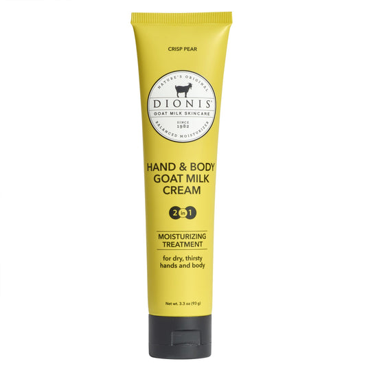Dionis front bottle showing crisp pear lotion and travel size benefit