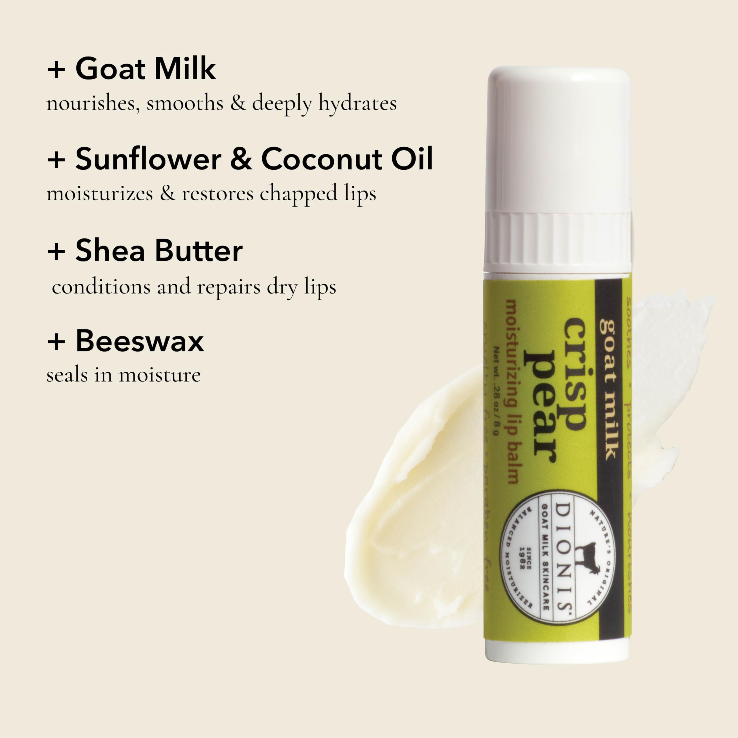 Dionis lip balm stick detail highlighting smooth application and soothing effect