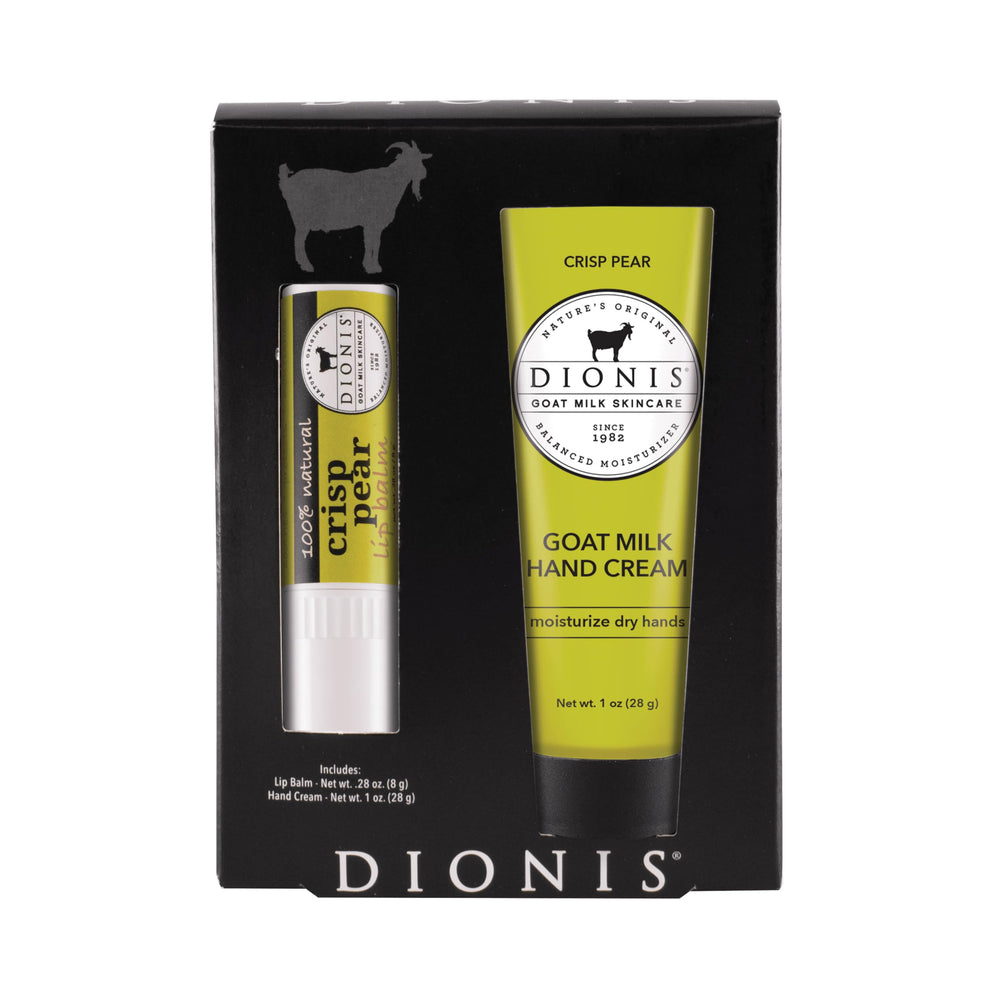Dionis pack front showing both crisp pear hand cream and lip balm for daily hydration