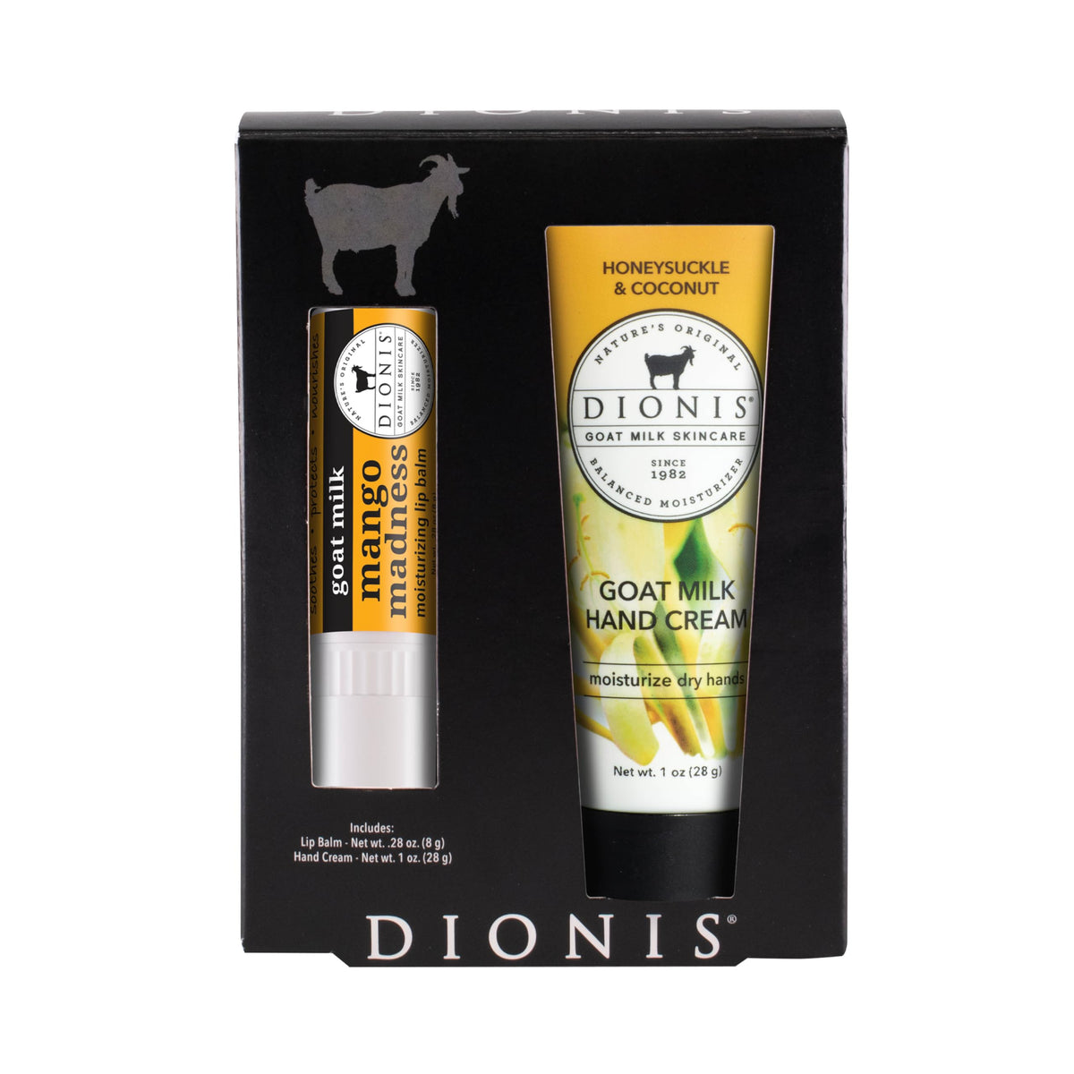 Dionis set front packaging showing hand cream and jumbo mango lip balm for daily hydration