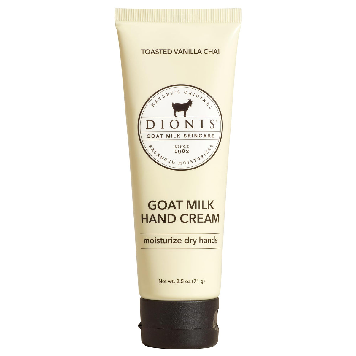 Dionis front tube view showing branding and Toasted Vanilla Chai scent benefit