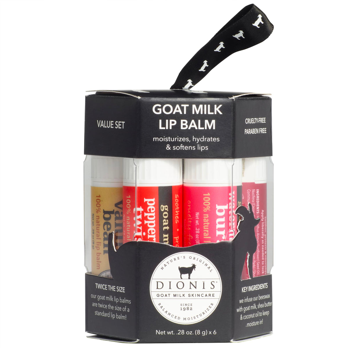Dionis front packaging showing six jumbo goat milk lip balms benefits hydration