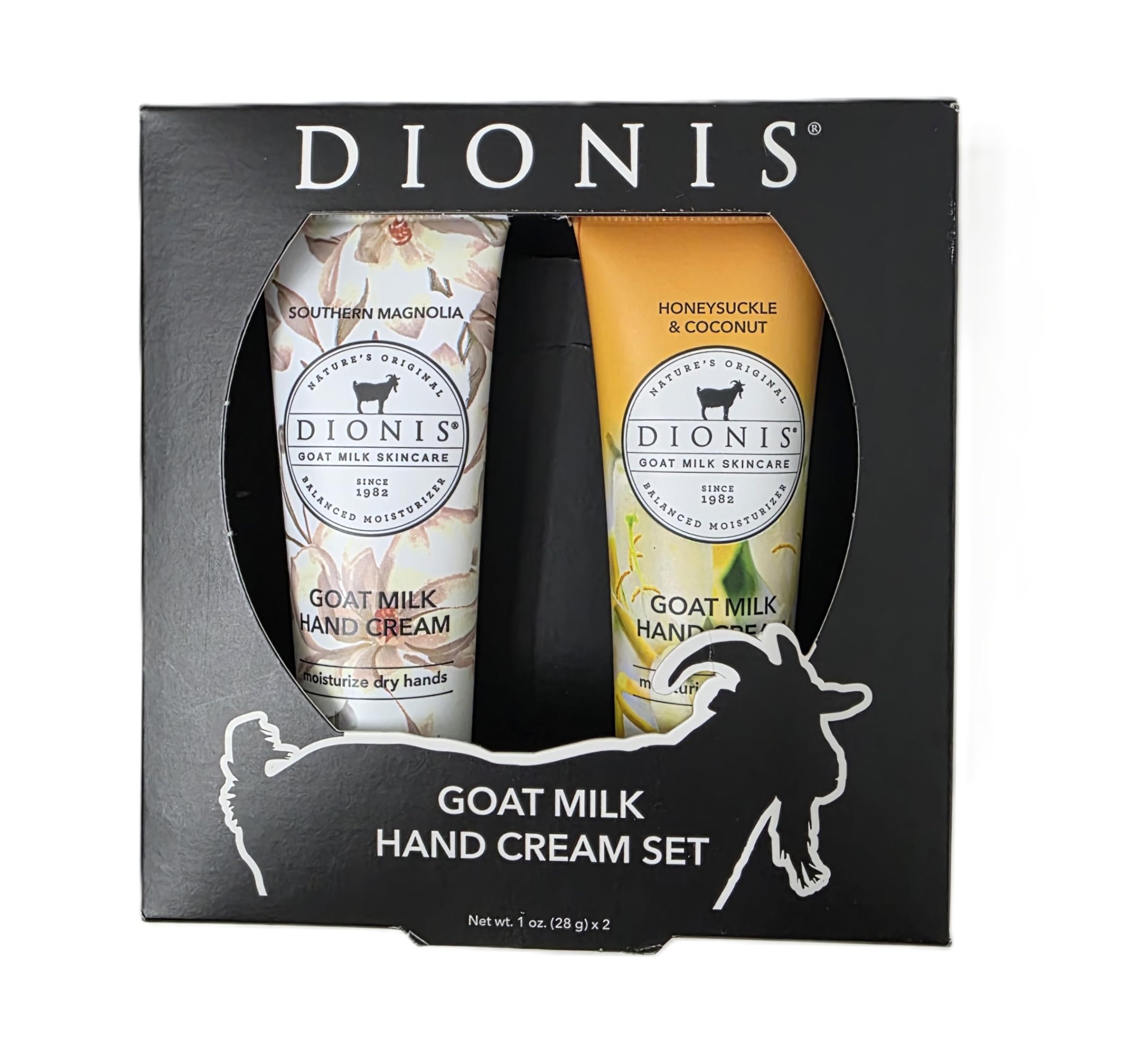 Dionis front packaging showing both 1 oz tubes with clear scent labels and travel benefit