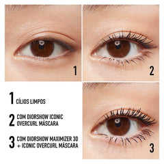 Dior model applying mascara to upper lashes showing immediate lift and definition