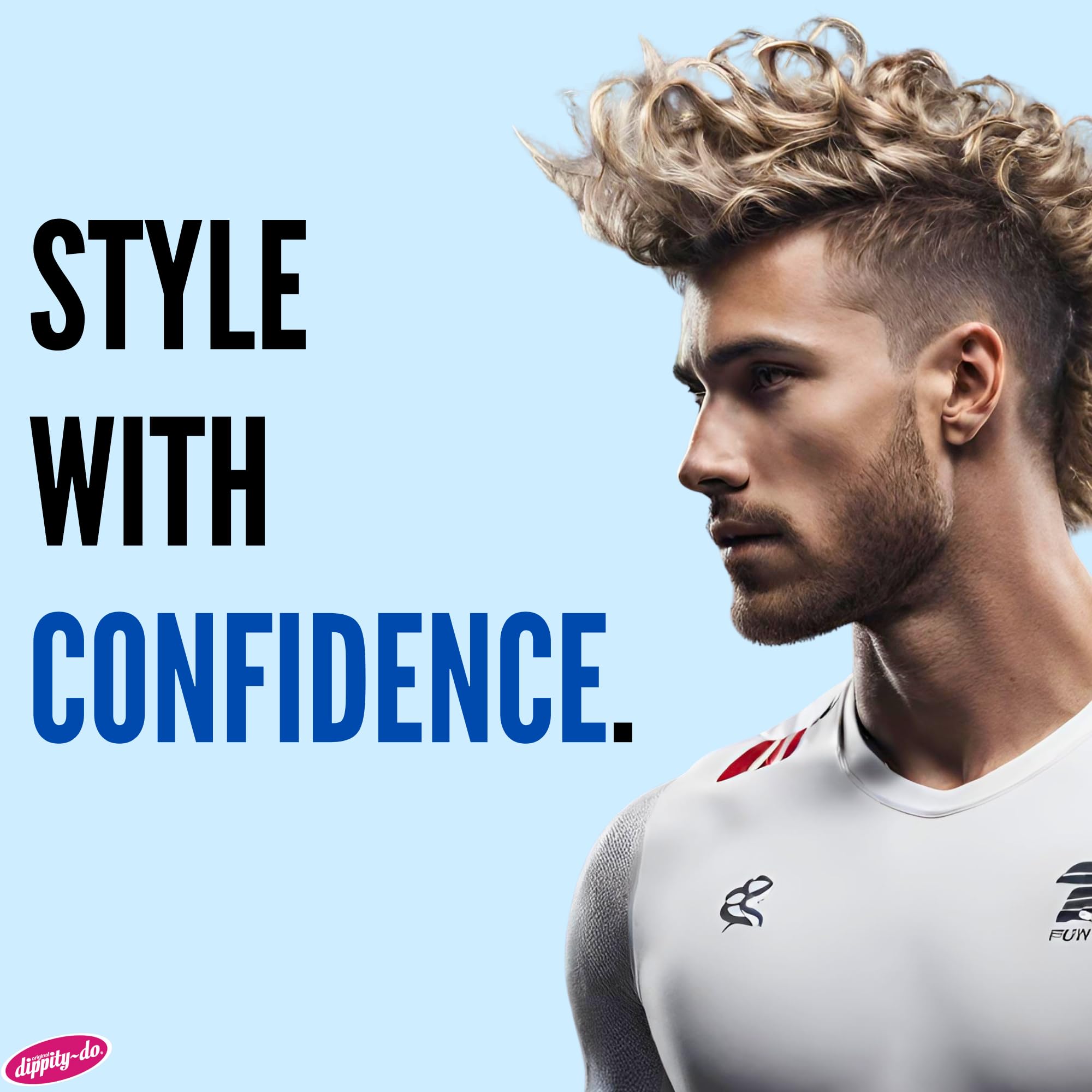 Dippity Do model wearing slick back style showing strong all-day hold