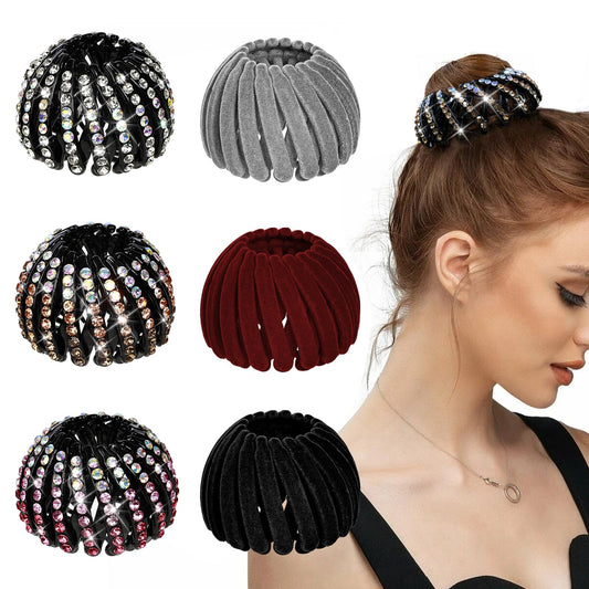 DI QIU REN front view of 6-piece birds nest clip set showing rhinestone and velvet balance