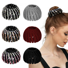 DI QIU REN front view of 6-piece birds nest clip set showing rhinestone and velvet balance