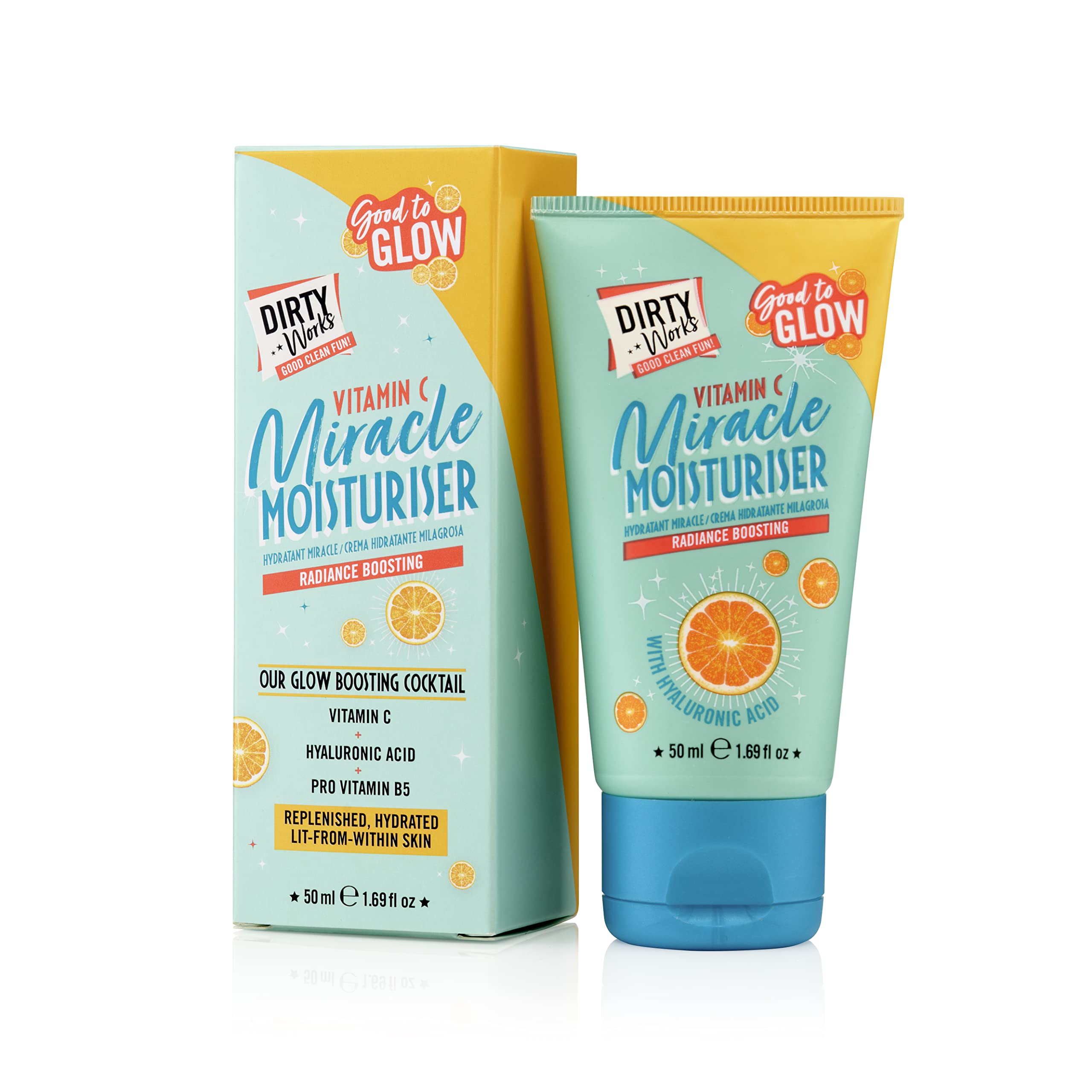 Dirty Works Good to Glow front jar showing brand and compact 50ml size for convenience