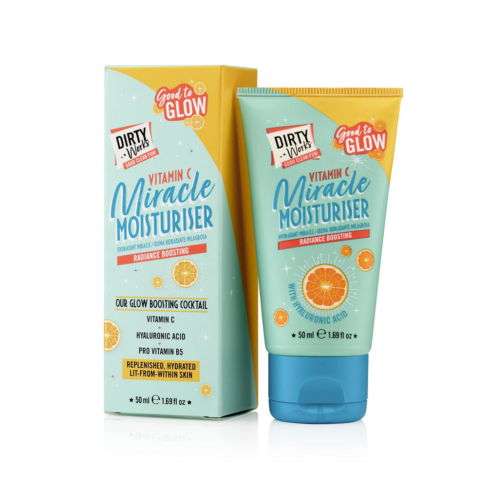 Dirty Works Good to Glow front jar showing brand and compact 50ml size for convenience