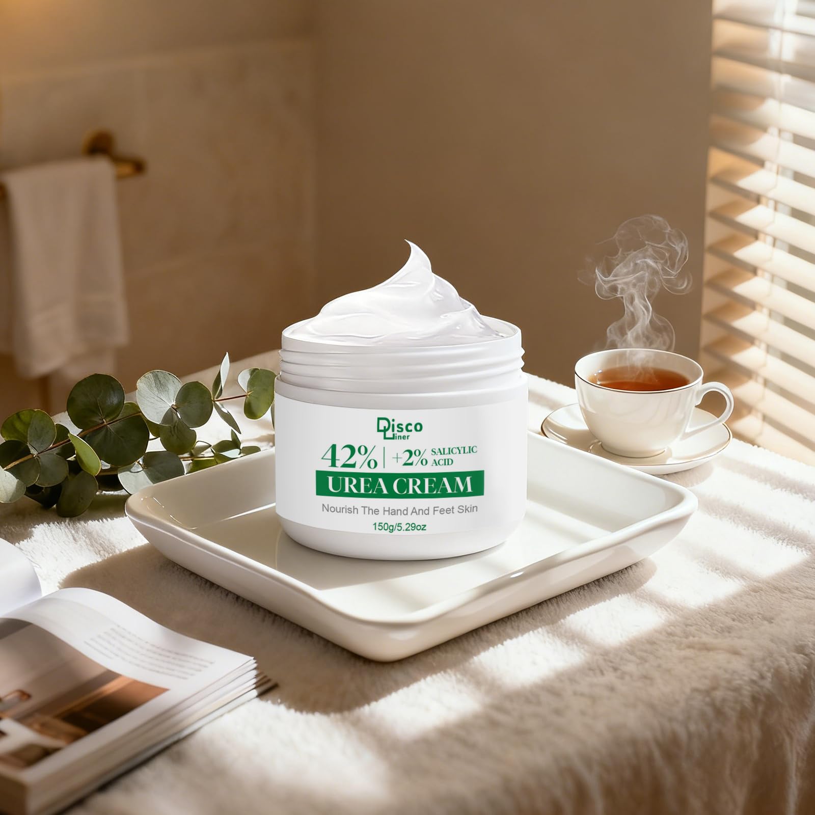 Discoliner in bathroom lifestyle setting conveying regular use and foot-care routine