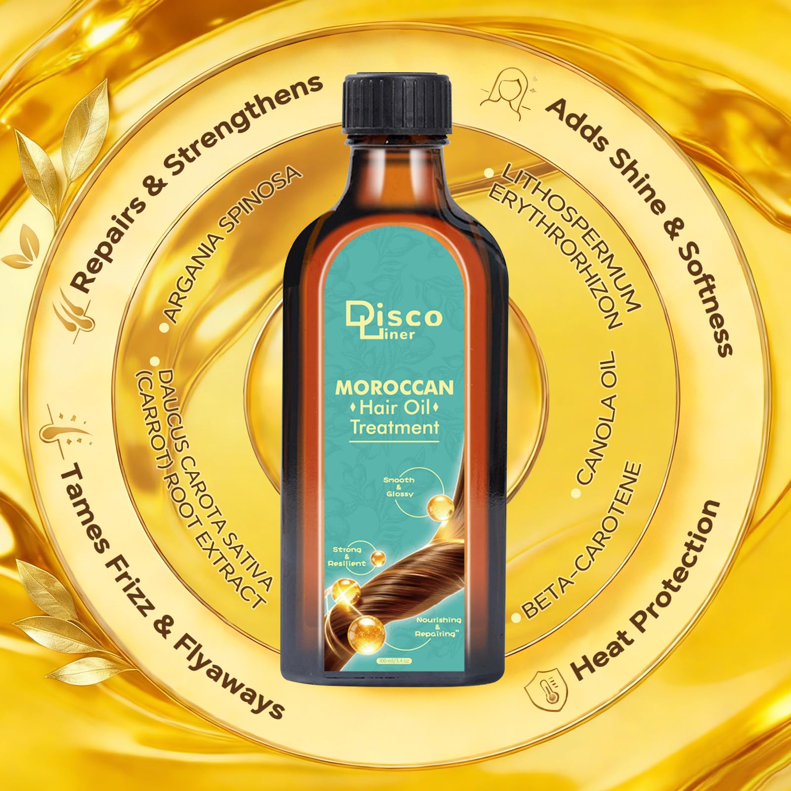 Discoliner oil texture close-up highlighting lightweight absorption and glossy finish