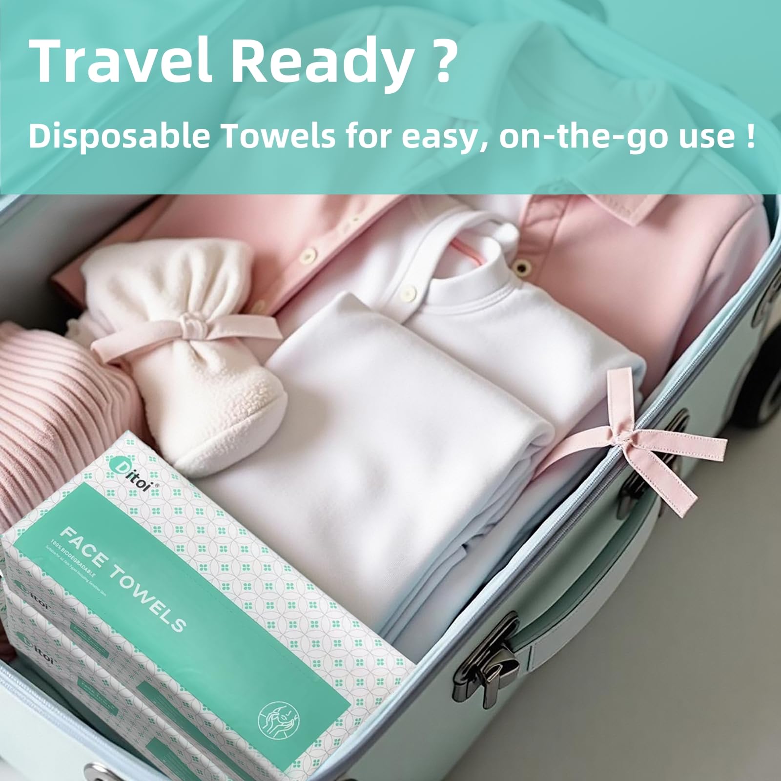 Ditoi towels staged in bathroom demonstrating convenience and travel-ready benefit