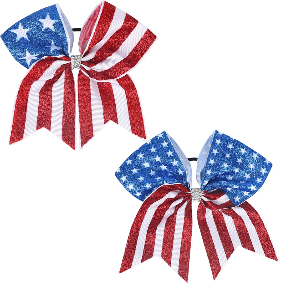 DIUEWOW front view of glitter American flag bow showing festive detail and instant style